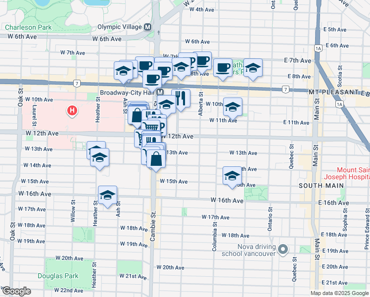 map of restaurants, bars, coffee shops, grocery stores, and more near 387 West 13th Avenue in Vancouver