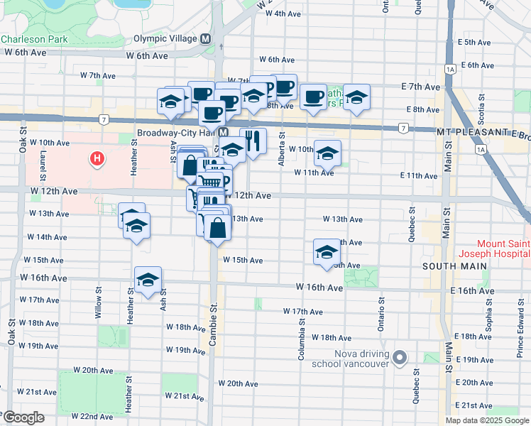 map of restaurants, bars, coffee shops, grocery stores, and more near 335 West 13th Avenue in Vancouver