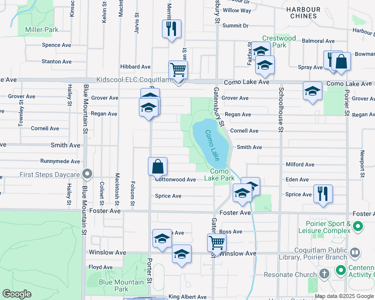 map of restaurants, bars, coffee shops, grocery stores, and more near 1136 Smith Avenue in Coquitlam