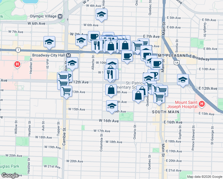 map of restaurants, bars, coffee shops, grocery stores, and more near 135 West 13th Avenue in Vancouver