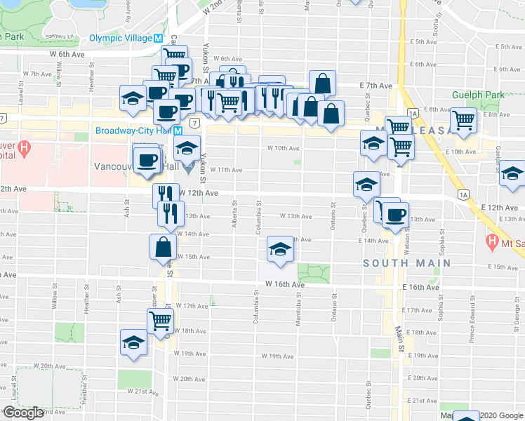 map of restaurants, bars, coffee shops, grocery stores, and more near 195 West 13th Avenue in Vancouver