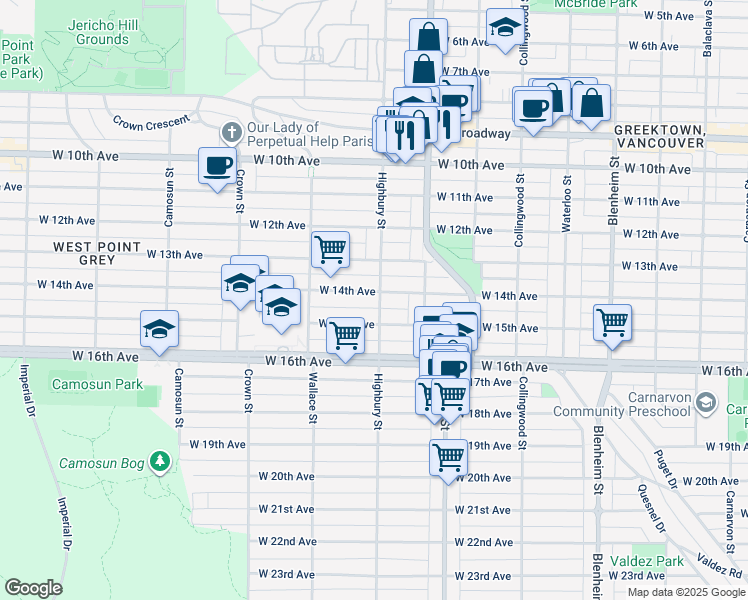 map of restaurants, bars, coffee shops, grocery stores, and more near 3804 West 14th Avenue in Vancouver