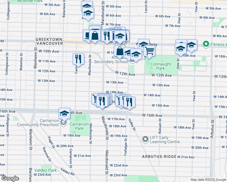 map of restaurants, bars, coffee shops, grocery stores, and more near 2721 West 14th Avenue in Vancouver