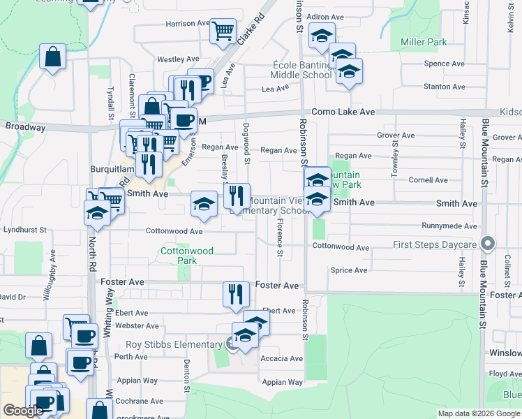 map of restaurants, bars, coffee shops, grocery stores, and more near 697 Fairview Street in Coquitlam