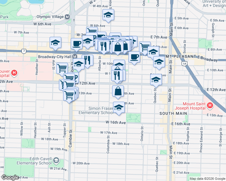 map of restaurants, bars, coffee shops, grocery stores, and more near 181 West 13th Avenue in Vancouver