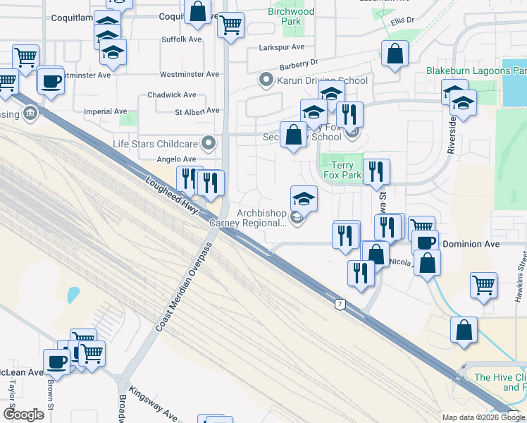 map of restaurants, bars, coffee shops, grocery stores, and more near 2426 Bennie Place in Port Coquitlam
