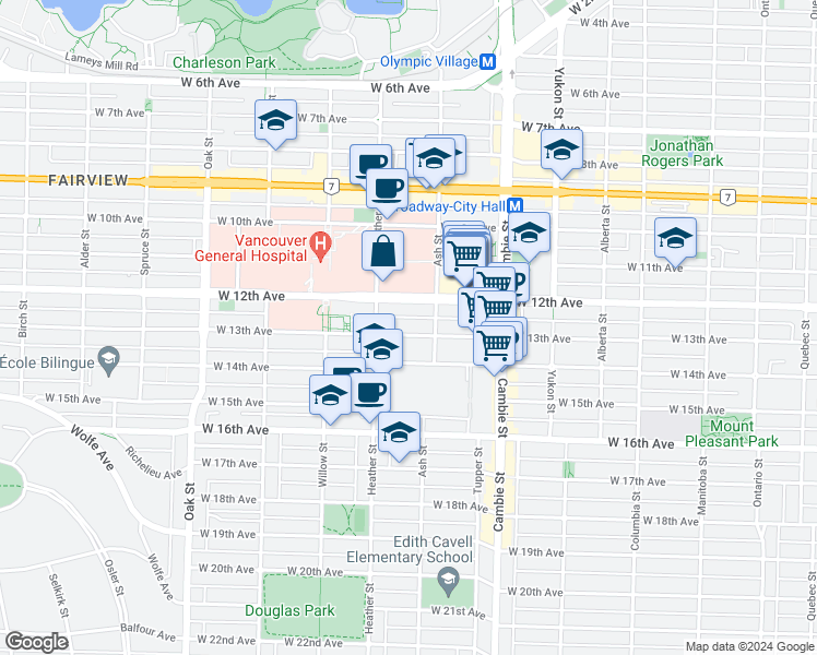 map of restaurants, bars, coffee shops, grocery stores, and more near 104 West 13th Avenue in Vancouver