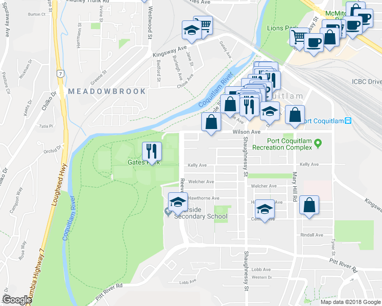 map of restaurants, bars, coffee shops, grocery stores, and more near in Port Coquitlam