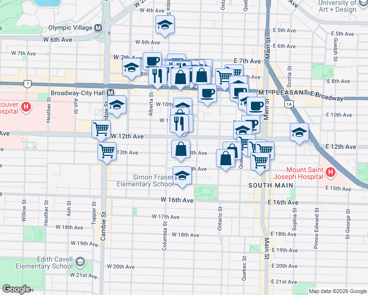 map of restaurants, bars, coffee shops, grocery stores, and more near 139 West 12th Avenue in Vancouver