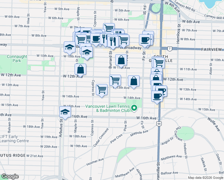 map of restaurants, bars, coffee shops, grocery stores, and more near 1788 West 13th Avenue in Vancouver