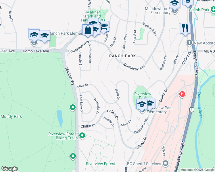 map of restaurants, bars, coffee shops, grocery stores, and more near 580 Clearwater Way in Coquitlam