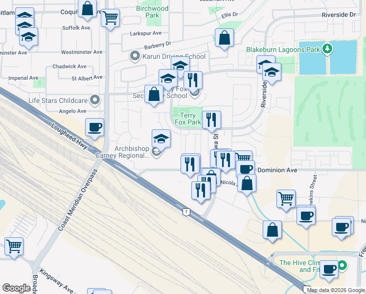 map of restaurants, bars, coffee shops, grocery stores, and more near 1268 Riverside Drive in Port Coquitlam