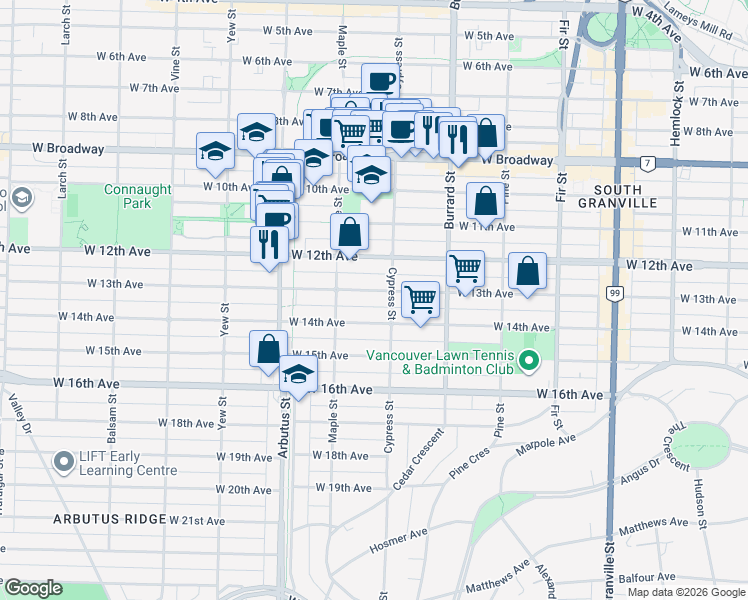 map of restaurants, bars, coffee shops, grocery stores, and more near 1928 West 13th Avenue in Vancouver