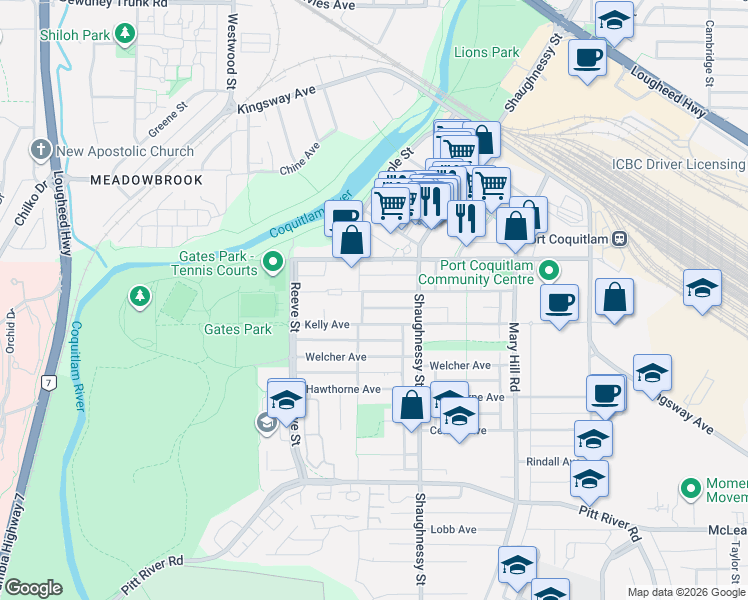 map of restaurants, bars, coffee shops, grocery stores, and more near 2382 Atkins Avenue in Port Coquitlam