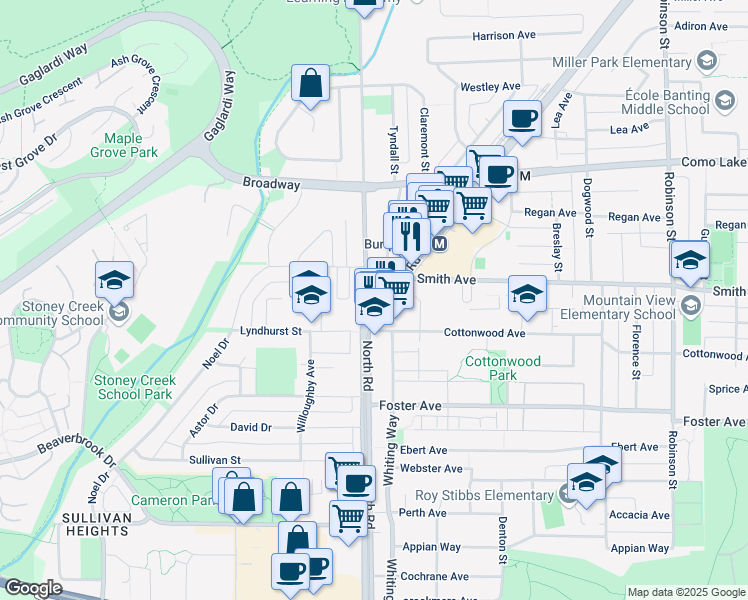 map of restaurants, bars, coffee shops, grocery stores, and more near 691 North Road in Coquitlam