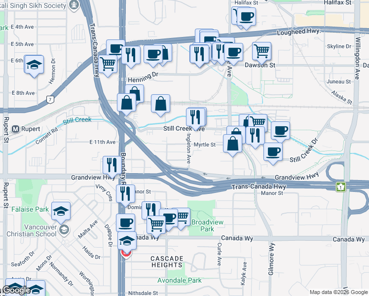 map of restaurants, bars, coffee shops, grocery stores, and more near 3886 Myrtle Street in Burnaby