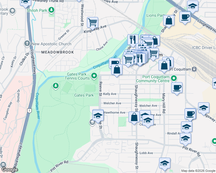 map of restaurants, bars, coffee shops, grocery stores, and more near 2468 Atkins Avenue in Port Coquitlam