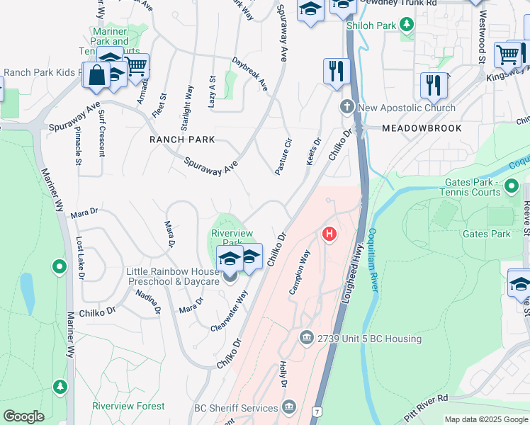 map of restaurants, bars, coffee shops, grocery stores, and more near 2907 Kalamalka Drive in Coquitlam