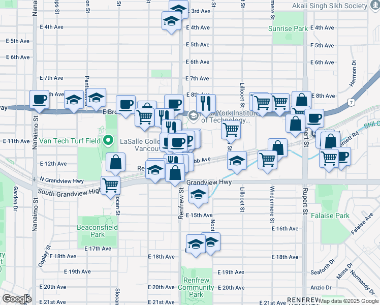 map of restaurants, bars, coffee shops, grocery stores, and more near in Vancouver