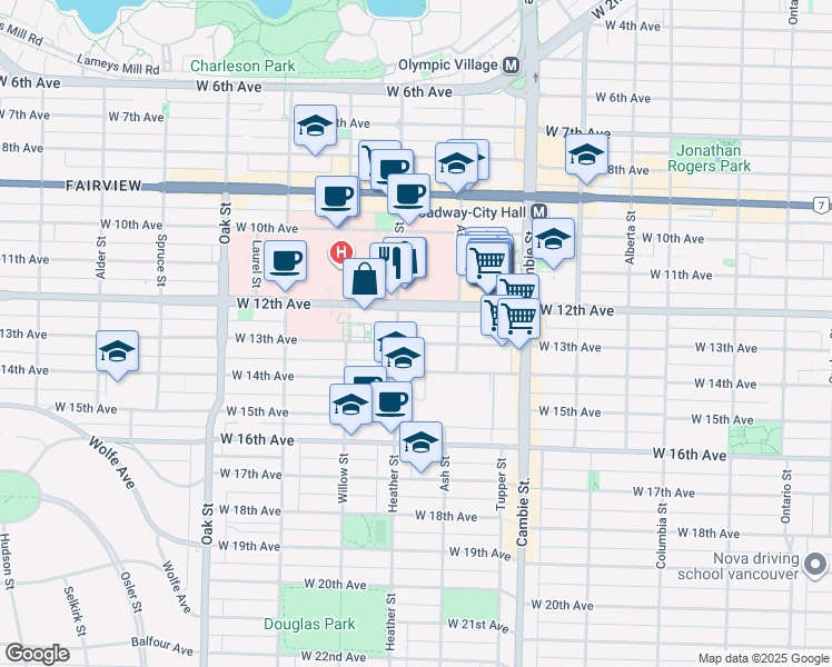 map of restaurants, bars, coffee shops, grocery stores, and more near 663 West 13th Avenue in Vancouver