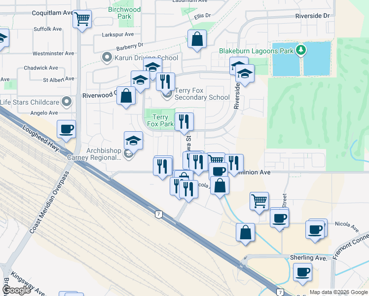 map of restaurants, bars, coffee shops, grocery stores, and more near 2451 Ottawa Street in Port Coquitlam