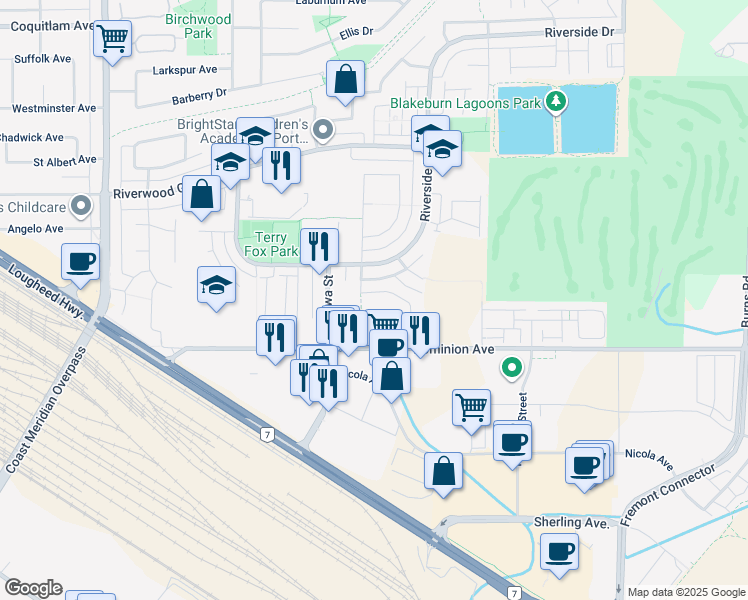 map of restaurants, bars, coffee shops, grocery stores, and more near 1078 Euphrates Crescent in Port Coquitlam