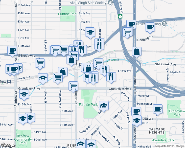 map of restaurants, bars, coffee shops, grocery stores, and more near 2830 Bentall Street in Vancouver
