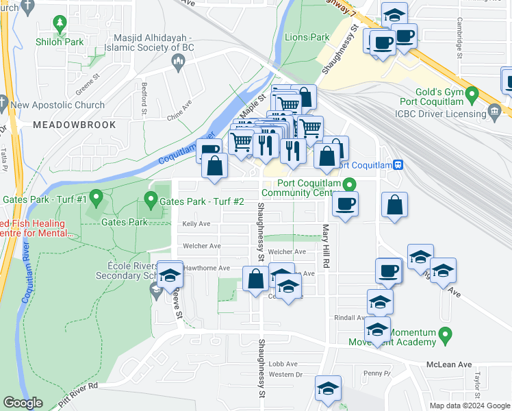 map of restaurants, bars, coffee shops, grocery stores, and more near 2441 Shaughnessy Street in Port Coquitlam
