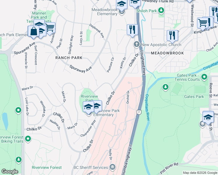 map of restaurants, bars, coffee shops, grocery stores, and more near 2917 Kalamalka Drive in Coquitlam