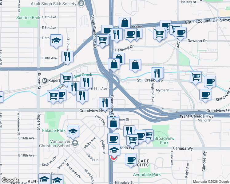 map of restaurants, bars, coffee shops, grocery stores, and more near in Burnaby