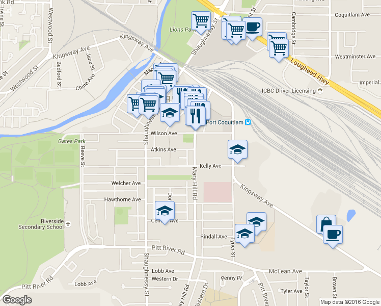 map of restaurants, bars, coffee shops, grocery stores, and more near 2217 Atkins Avenue in Port Coquitlam