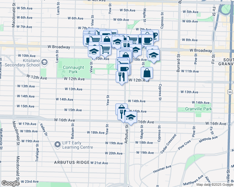 map of restaurants, bars, coffee shops, grocery stores, and more near in Vancouver