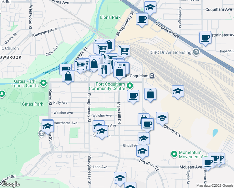 map of restaurants, bars, coffee shops, grocery stores, and more near 2441 Mary Hill Road in Port Coquitlam
