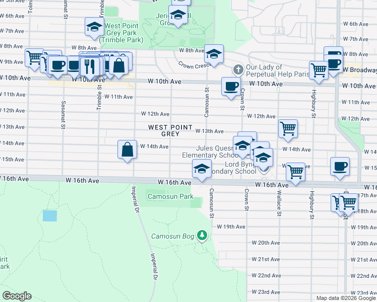 map of restaurants, bars, coffee shops, grocery stores, and more near 4150 West 14th Avenue in Vancouver
