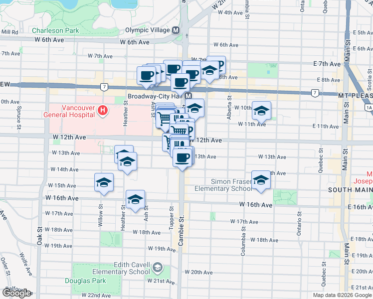 map of restaurants, bars, coffee shops, grocery stores, and more near 2888 Cambie Street in Vancouver