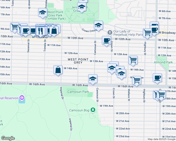 map of restaurants, bars, coffee shops, grocery stores, and more near 4138 West 14th Avenue in Vancouver