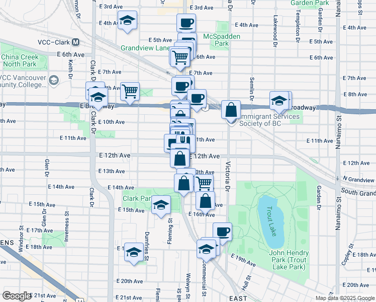 map of restaurants, bars, coffee shops, grocery stores, and more near 2730 Commercial Drive in Vancouver