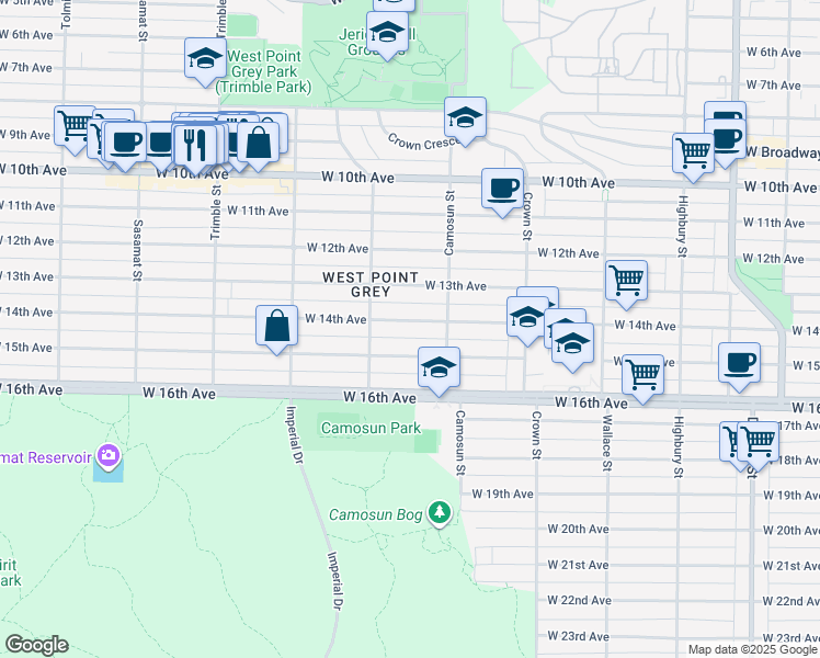 map of restaurants, bars, coffee shops, grocery stores, and more near 4150 West 14th Avenue in Vancouver