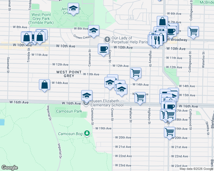 map of restaurants, bars, coffee shops, grocery stores, and more near 3007 Crown Street in Vancouver