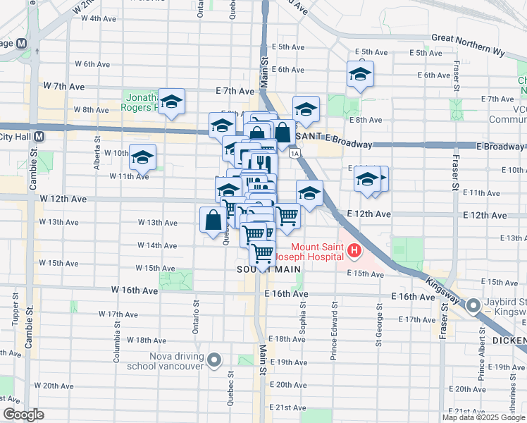 map of restaurants, bars, coffee shops, grocery stores, and more near 2828 Main Street in Vancouver