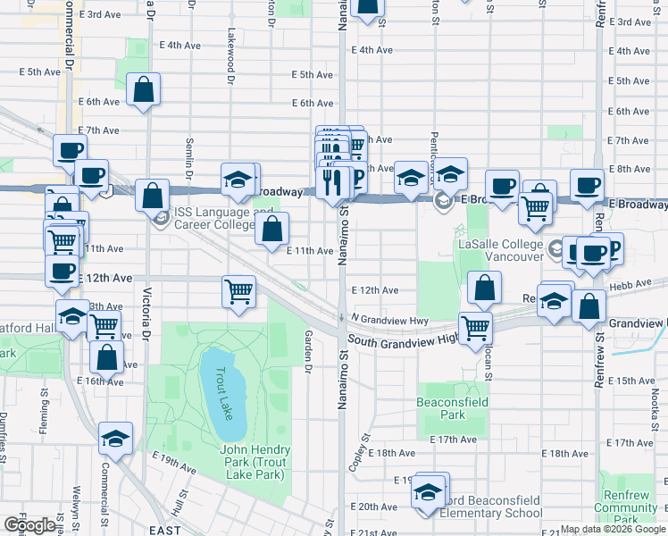map of restaurants, bars, coffee shops, grocery stores, and more near 2753 Nanaimo Street in Vancouver