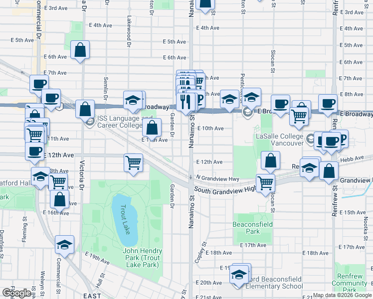 map of restaurants, bars, coffee shops, grocery stores, and more near 2753 Nanaimo Street in Vancouver