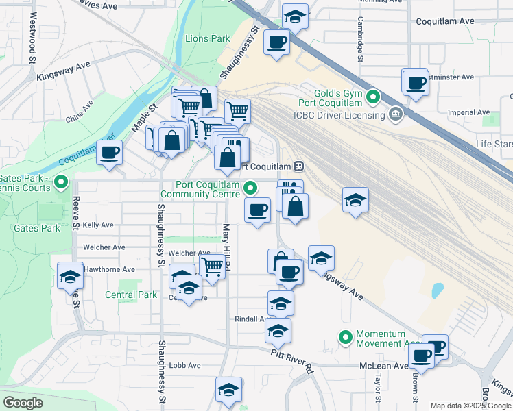 map of restaurants, bars, coffee shops, grocery stores, and more near 2150 Wilson Avenue in Port Coquitlam