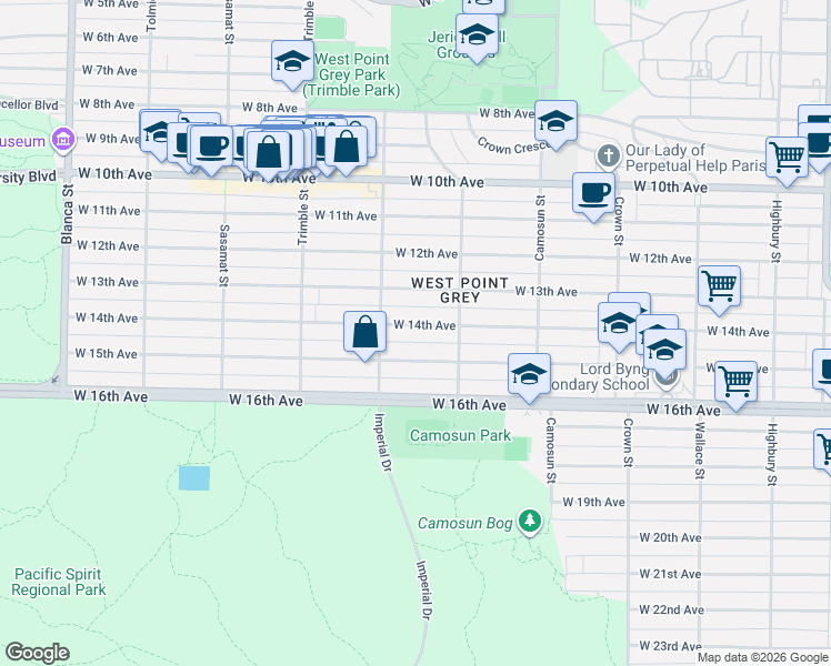 map of restaurants, bars, coffee shops, grocery stores, and more near in Vancouver