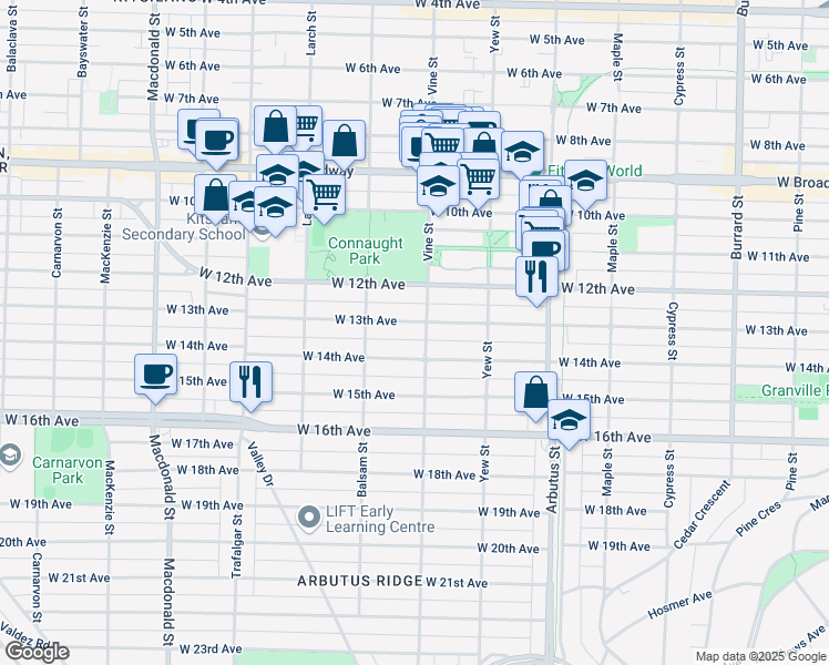 map of restaurants, bars, coffee shops, grocery stores, and more near 2316 West 13th Avenue in Vancouver
