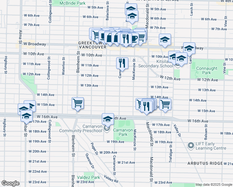 map of restaurants, bars, coffee shops, grocery stores, and more near 3011 West 14th Avenue in Vancouver