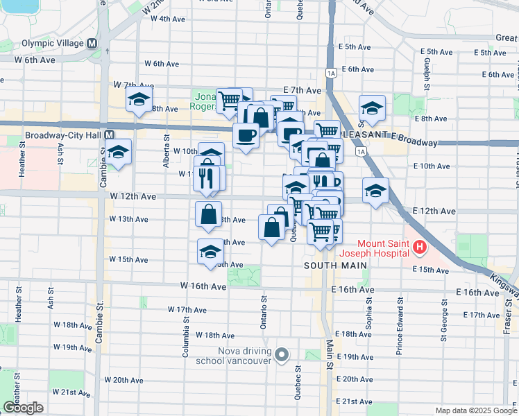 map of restaurants, bars, coffee shops, grocery stores, and more near 2825 Ontario Street in Vancouver