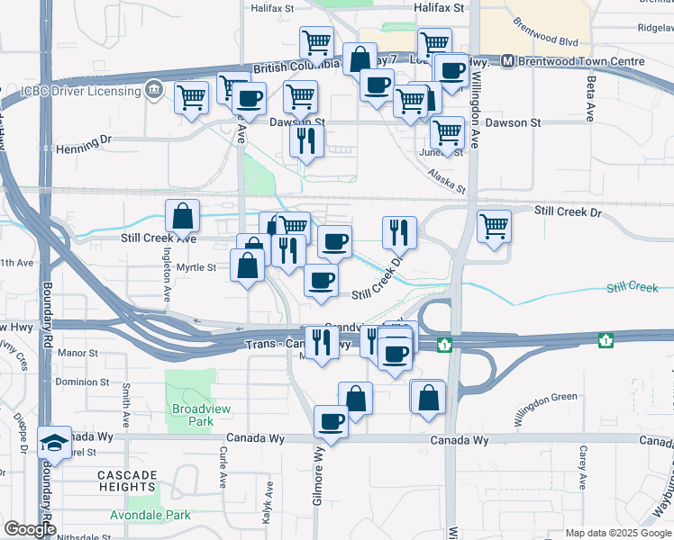 map of restaurants, bars, coffee shops, grocery stores, and more near in Burnaby