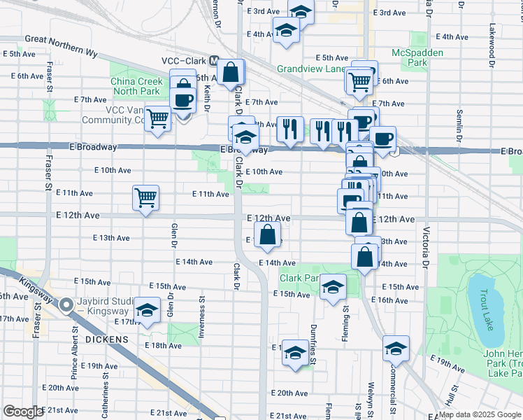 map of restaurants, bars, coffee shops, grocery stores, and more near 1363 East 12th Avenue in Vancouver