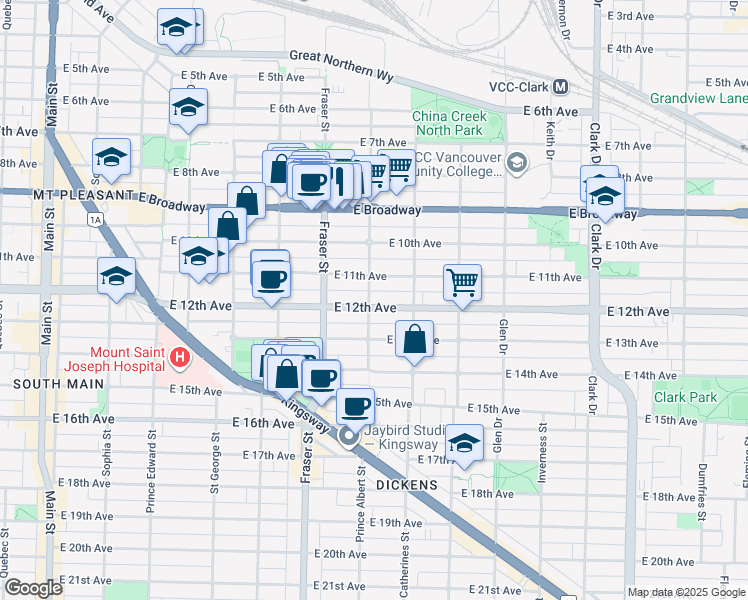 map of restaurants, bars, coffee shops, grocery stores, and more near in Vancouver